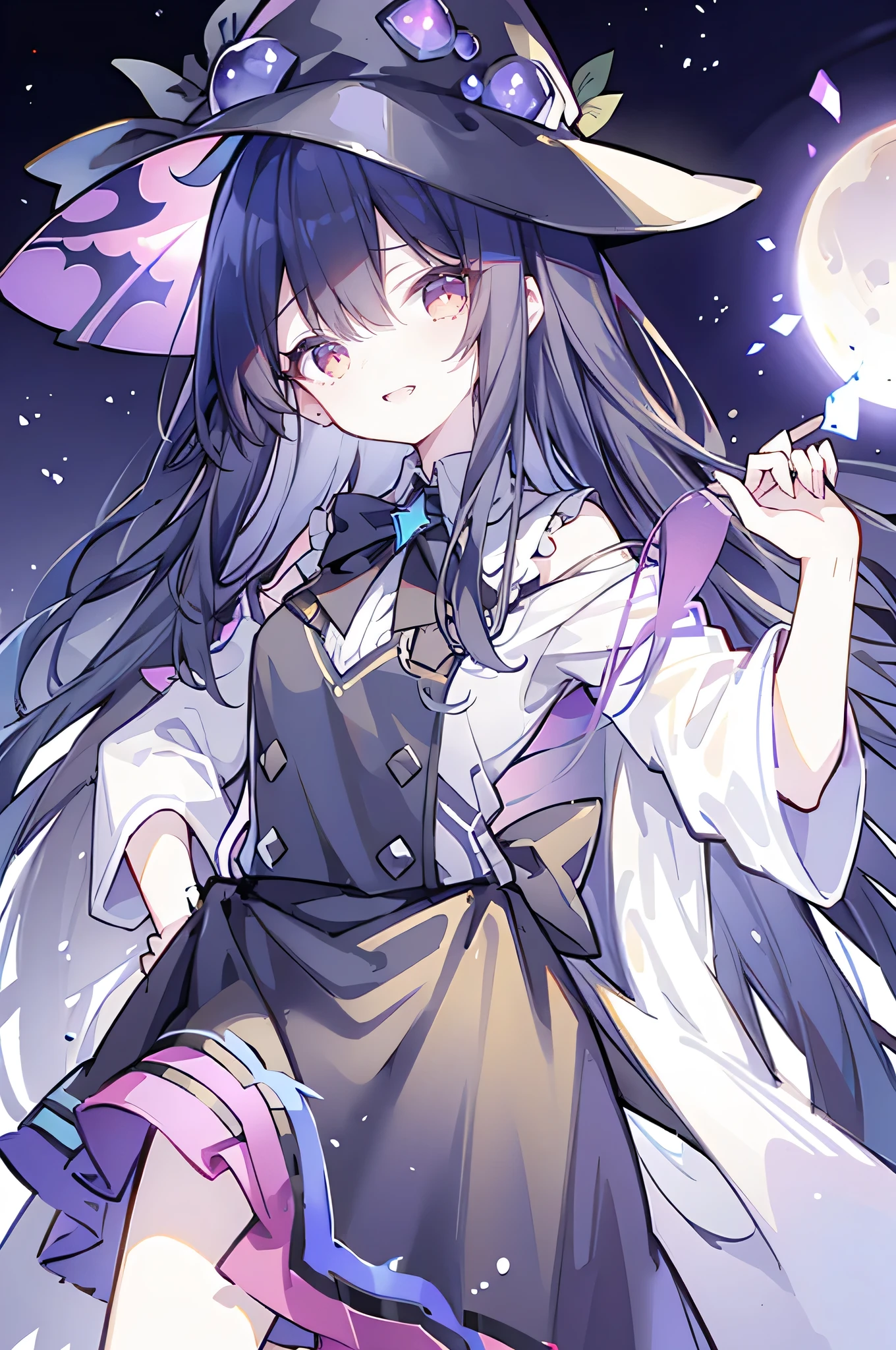 oung Girls,Humanity,A magician always smiles,big witch hat,cute,dark blue long hair,The eyes are dull,The bangs are heavy,Thin eyebrows,fantasy,intake,Double teeth,Star Theme,Constellation pattern,Solid color clothetal decoration,cloak,A bit of a dark atmosphere,A little crazy smile,When the big moon shines outside at night,blood,Hair black star embellishment,Short tie,No nails,High waist skirt,Bell sleeves,Long-sleeved shirt,Black tie,low risk,gentlemen。Mist、Yellow and white effect,Shocking pink as an accent color