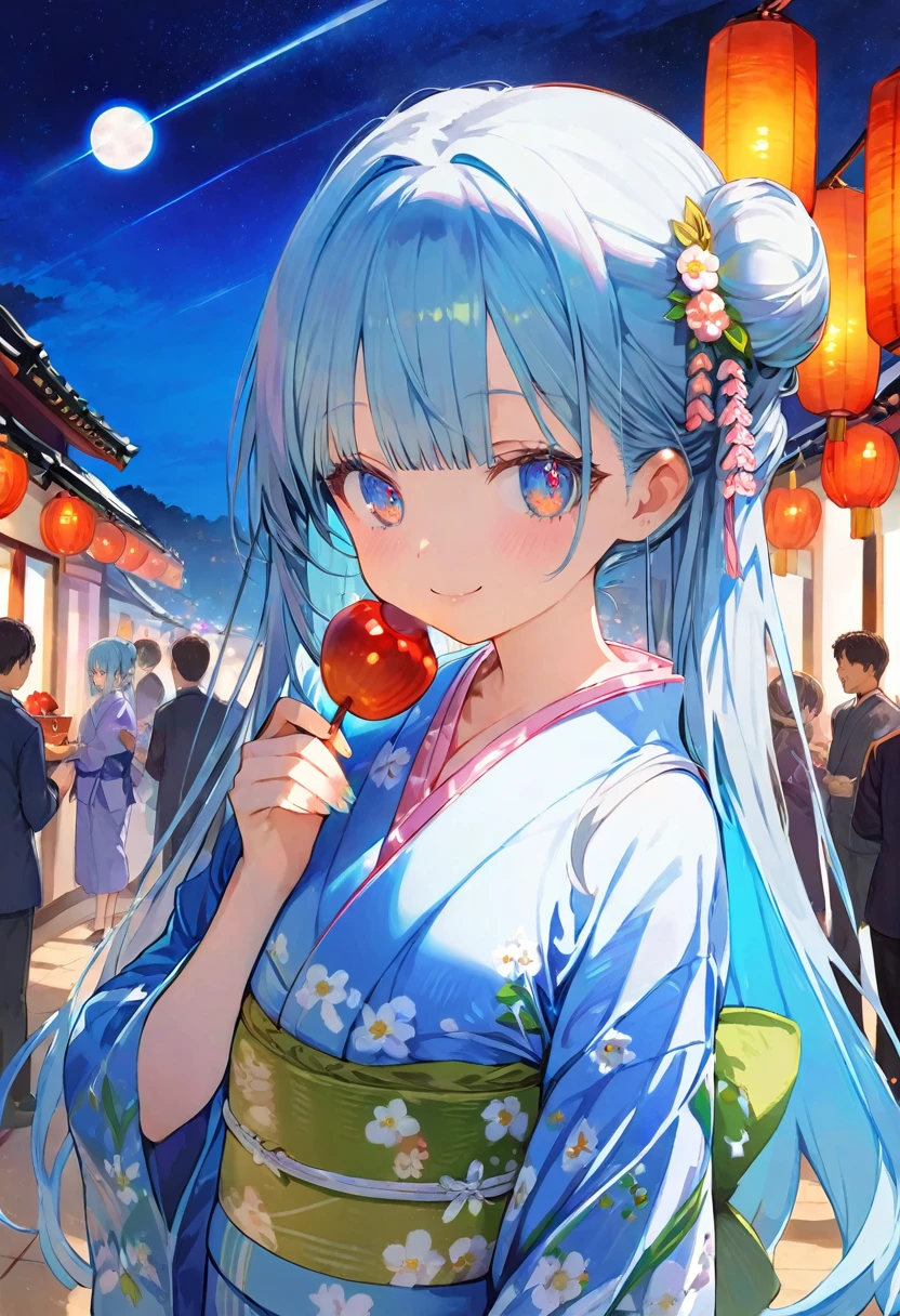 masterpiece, best quality, extremely detailed, (illustration, official art:1.1), 1 girl ,(((( light blue long hair)))), ,(((( light blue long hair)))),light blue hair, , long hair ((blush)) , cute face, big eyes, masterpiece, best quality,(((((a very delicate and beautiful girl))))),Amazing,beautiful detailed eyes,blunt bangs((((little delicate girl)))),tareme(true beautiful:1.2), sense of depth,dynamic angle,,,, affectionate smile, (true beautiful:1.2),,(tiny 1girl model:1.2),)(flat chest) 、cute girl, yukata, watercolor, clear, anime style illustration, cute illustration, beautiful detail, fain touch outline, cute girl is eating a apple candy,  delicious looking, japanese festival, night, cute illustration, best quality, top quality, masterpiece, ultra detailed, beautiful detail,hair bun and hair ornament
