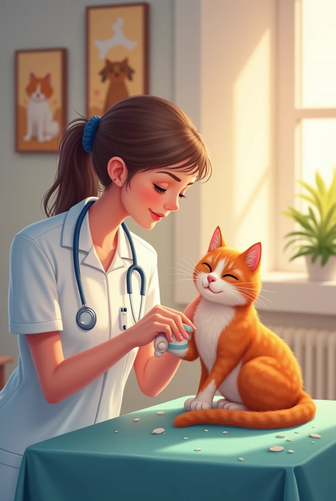 The cat is gently lifted by a caring veterinarian and placed on the examination table. Its paw is now wrapped in a clean bandage, and the wounds on its body have been treated. The background is a bright treatment room, with warm pet pictures on the walls, creating a peaceful and soothing atmosphere.