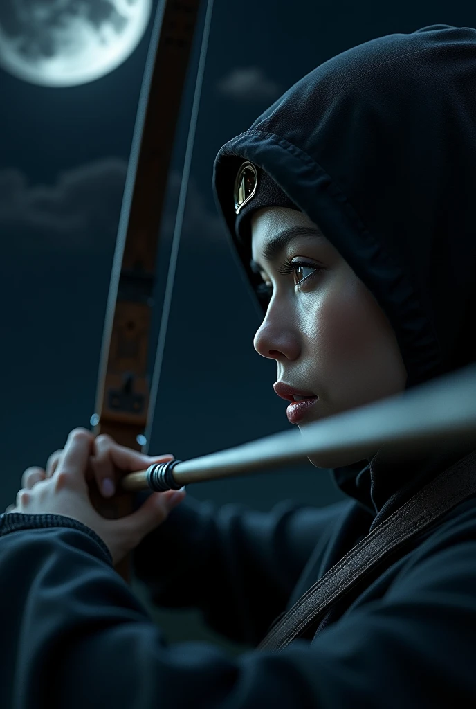 Close-up from aside A hyper-realistic image of a woman wearing like a ninja shooting an arrow. It's dark at night. The ninja is aiming the arrow at the moon. The image should be focus at the side of her face. 