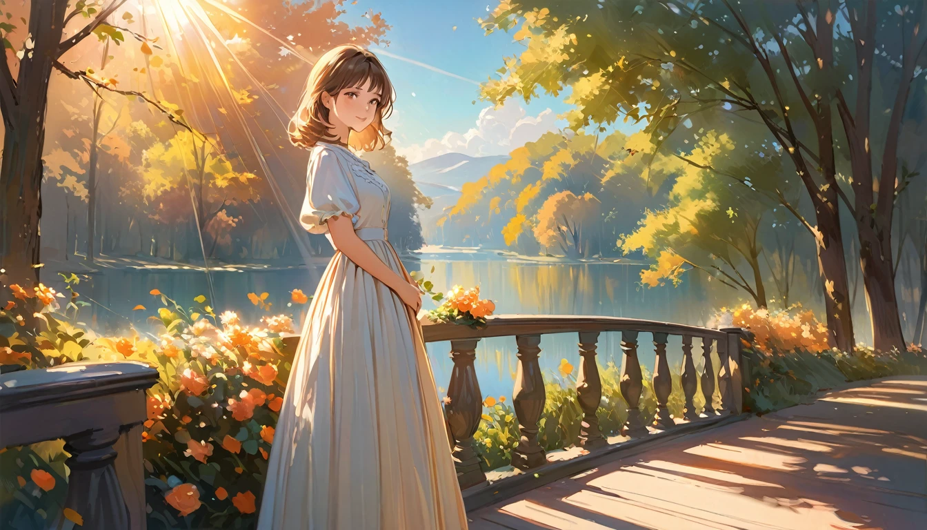 A beautiful nostalgic image, sun beams through trees, a girl standing in front of a railing, dreamlike, sunny, beautiful, nostalgic, masterpiece, blue sky, warm colors, bloom, visible brushstrokes, painterly, detailed painting, lovely, incredible art