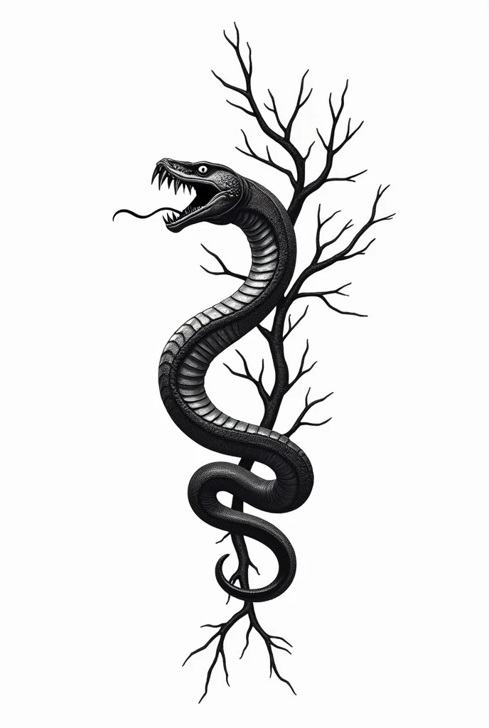 Tattoo template of a snake winding around branches coming from above and hissing where you can see fangs the whole thing in black and white but in light and not so dark