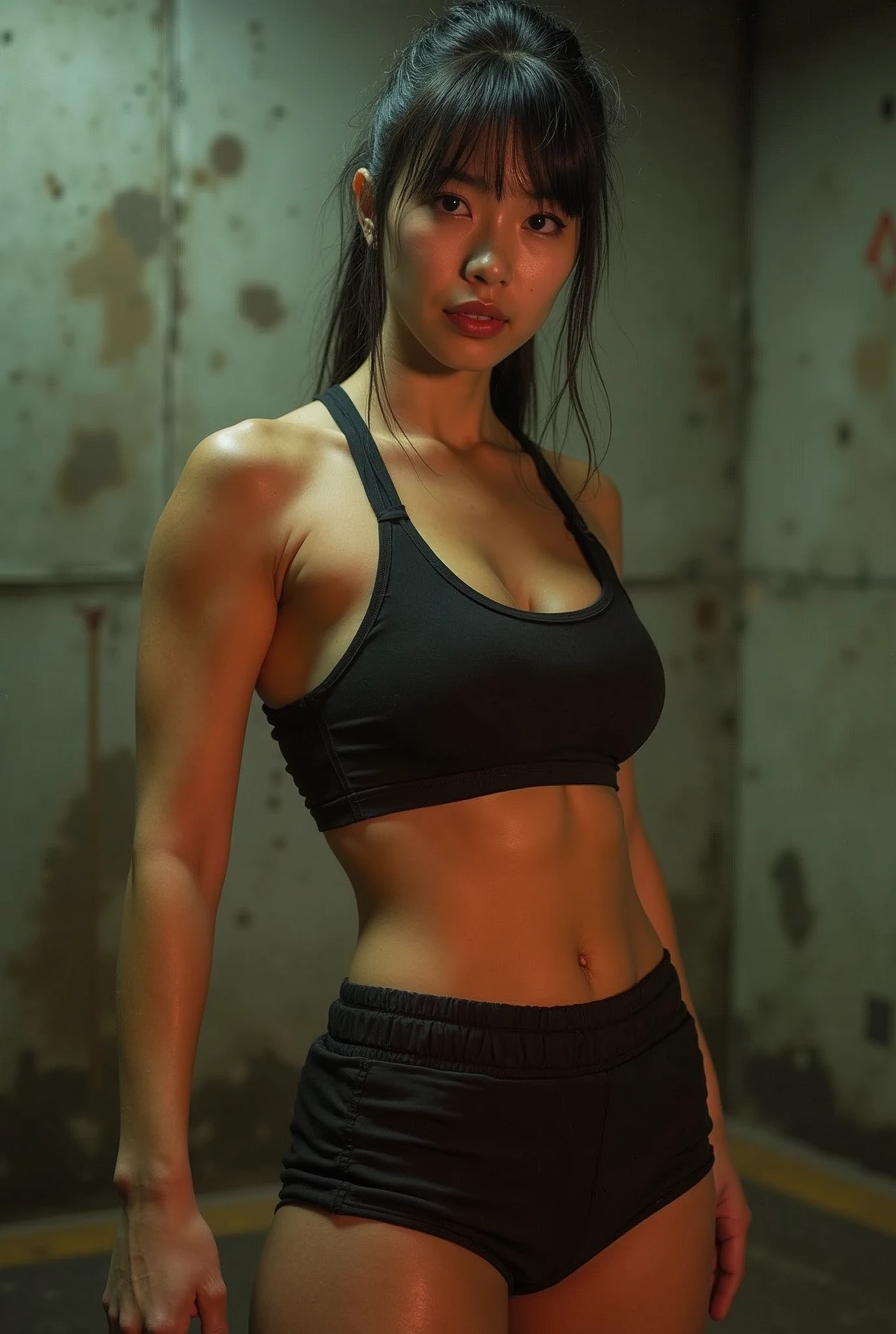 analog film photo, photo of a street fighter, female, amber eyes, ponytail with shaggy bangs, tan complexion, Japanese ethnicity, beautiful face, natural beauty, sharp facial features, Amazonian stature, toned hourglass figure, muscular, busty bosom, full wide hips, plump round buttocks, wearing an athletic top and spandex shorts, posing in an underground fight club, sweaty skin, damp clothes, RAW Photograph, dslr, soft lighting, high quality, film grain, Fujifilm XT3, detailed skin with visible pores, insane details, masterpiece, 8k, 35mm photograph, dslr, kodachrome, faded film, desaturated, grainy, vintage, Lomography, stained, highly detailed, found footage, full-body shot