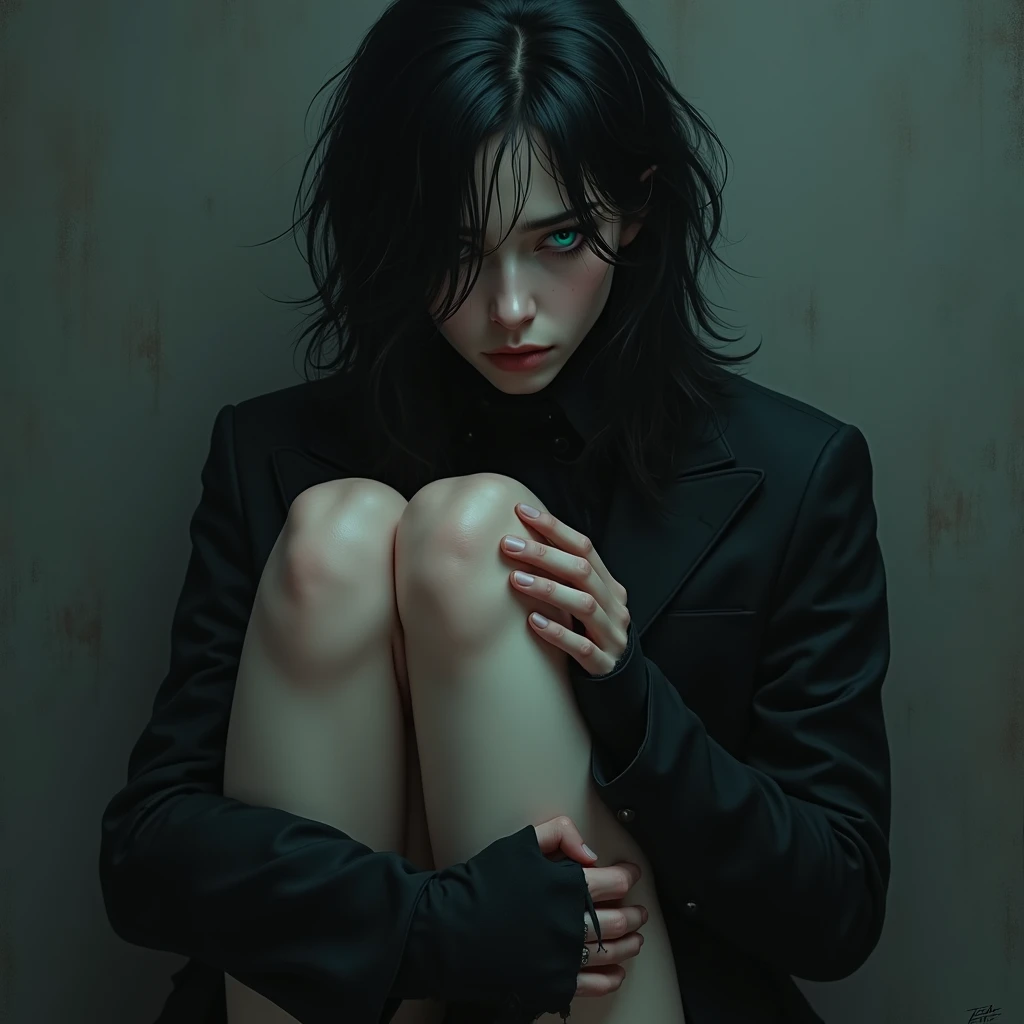 A sexy young male with long black hair and teal blue eyes, jis facial features delicate and pretty. His skin is white and pale. He's wearing gothic clothes, he has long, thick and shiny legs. He's trying to kill himself. *:(*