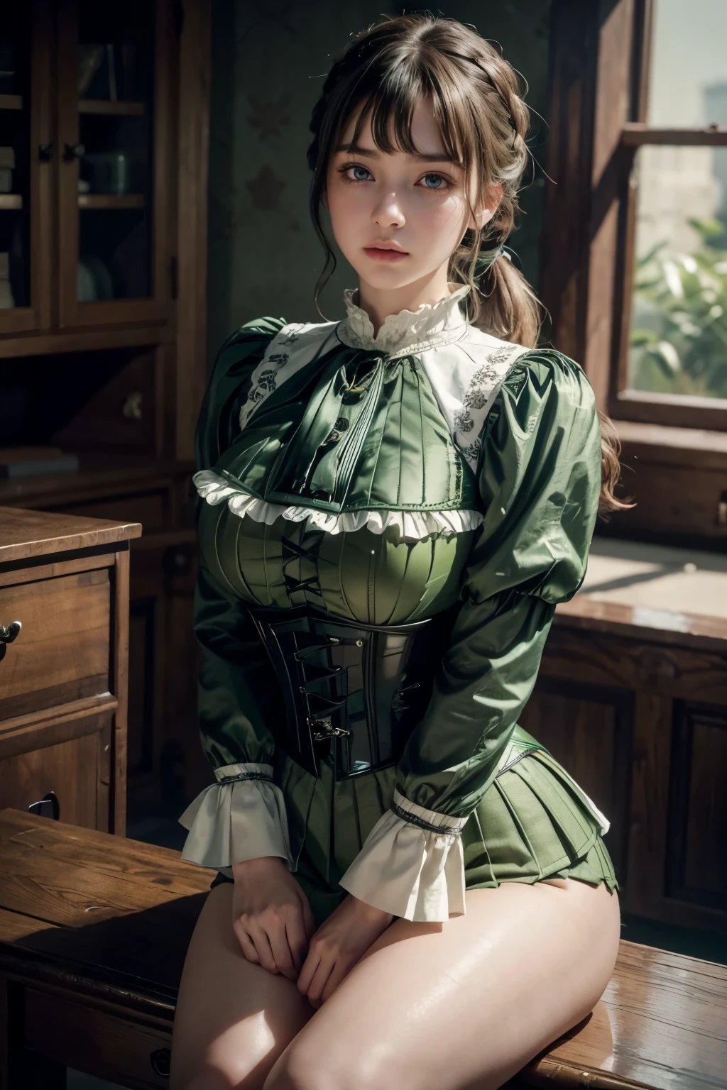 8K,((masterpiece)), ((best quality)), (ultra-detailed), High detail, professional photograph, highest quality, floating hair, beautiful detailed, (((realistic))), hyper realistic character,natural lighting ,beautiful detailed eyes,1girl, solo,blunt bangs, realistic, ((a girl with a large bust)), her blouse is about to burst from her large breasts, short ponytail, bangs, thick thighs, beautiful detailed eyes, beautiful detailed lips, extremely detailed eyes and face, long eyelashes, , ((green corset blouse)), ((green blouse)), (black pleated skirt), thigh-high socks, suspenders, photo-realistic, 8k, vivid colors, masterpiece, anime, cinematic lighting, soft focus, (from front:1.4)