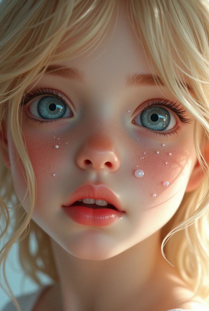 Young realistic girl blond, white droplets sprayed on face