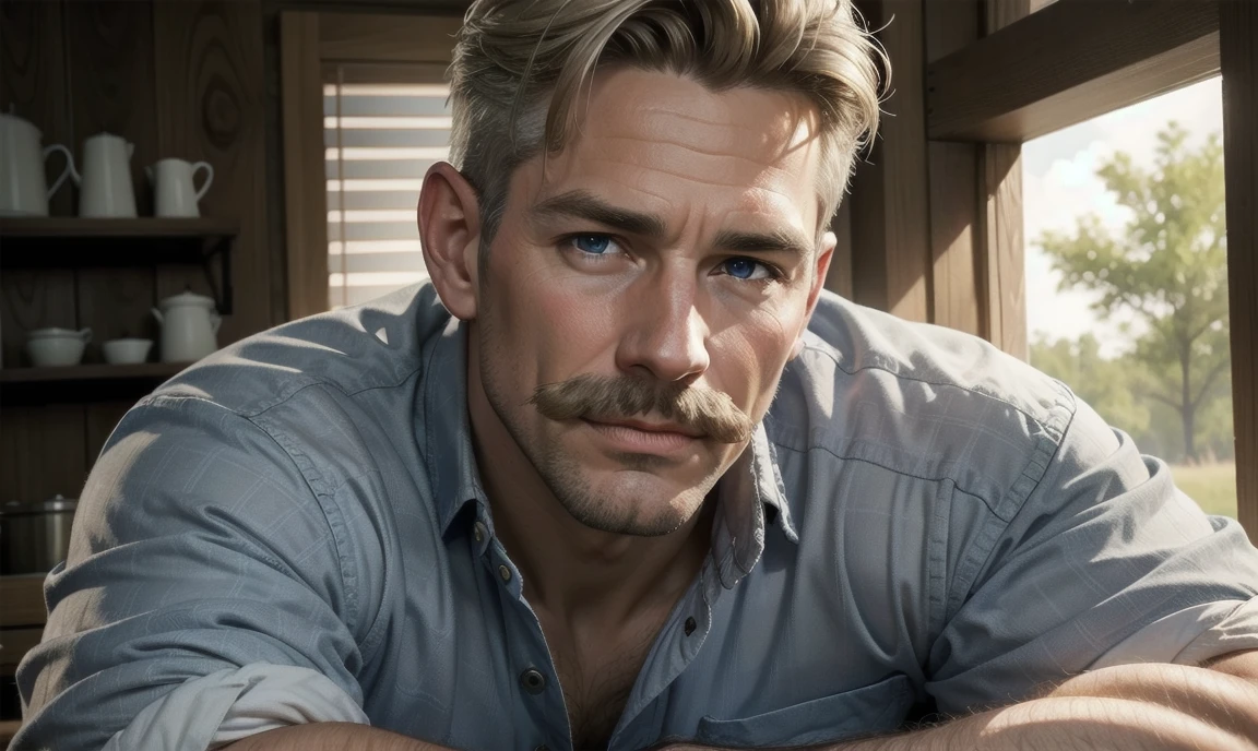 [((highly detailed, detailed eyes, detailed face, clear and realistic facial features, photorealistic, realistic light, cinematic)), ((((1 man)))), Mark is a handsome and alluring slender but muscular male farmer father aged 45 with short blond hair and a neat moustache and blue eyes and weathered skin, (((wearing a flannelette shirt))), ((((simple moustache)))), ((sexy southern gay daddy farmer)), ((greying dark-blond hair)), (((weathered mature face))), (((Mark has a seductive smirking look on his face and a slight blush on his cheeks))), There is a charming yet dry southern farm in the background, ((expression of strong attraction))]