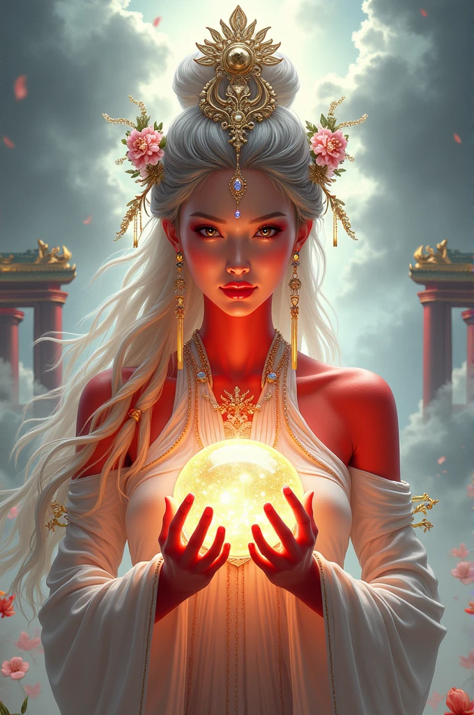 (masterpiece, best quality:1.2),,Nuwa holds the sacred stone,Fix the big hole in the sky。Her body is painted red,Symbolizes her courage and strength。Her hair and clothes are white,Symbolizing her purity and holiness。around her,is a cloud sky,Symbolizes disaster and danger。Nuwa’s sacred stone shines brightly,Illuminates the whole picture,Symbolizes hope and redemption。 Close-up of woman wearing floral headdress, palace , girl wearing hanfu, beautiful fantasy queen, ancient chinese princess, ((beautiful fantasy queen)), khmer princess, queen of china, beautiful figure painting, Gurwitz style artwork, A beautiful artistic illustration, guweiz, Beautiful digital art work, Beautiful digital illustration