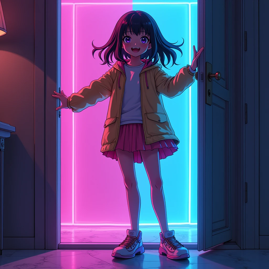 ,создай картинку full body shot, in neon colors, anime style, the girl should be in full growth, the girl should not be looking at the camera, the girl should have a crazy smile, The girl should be full-length., The girl should stand with the door ajar.