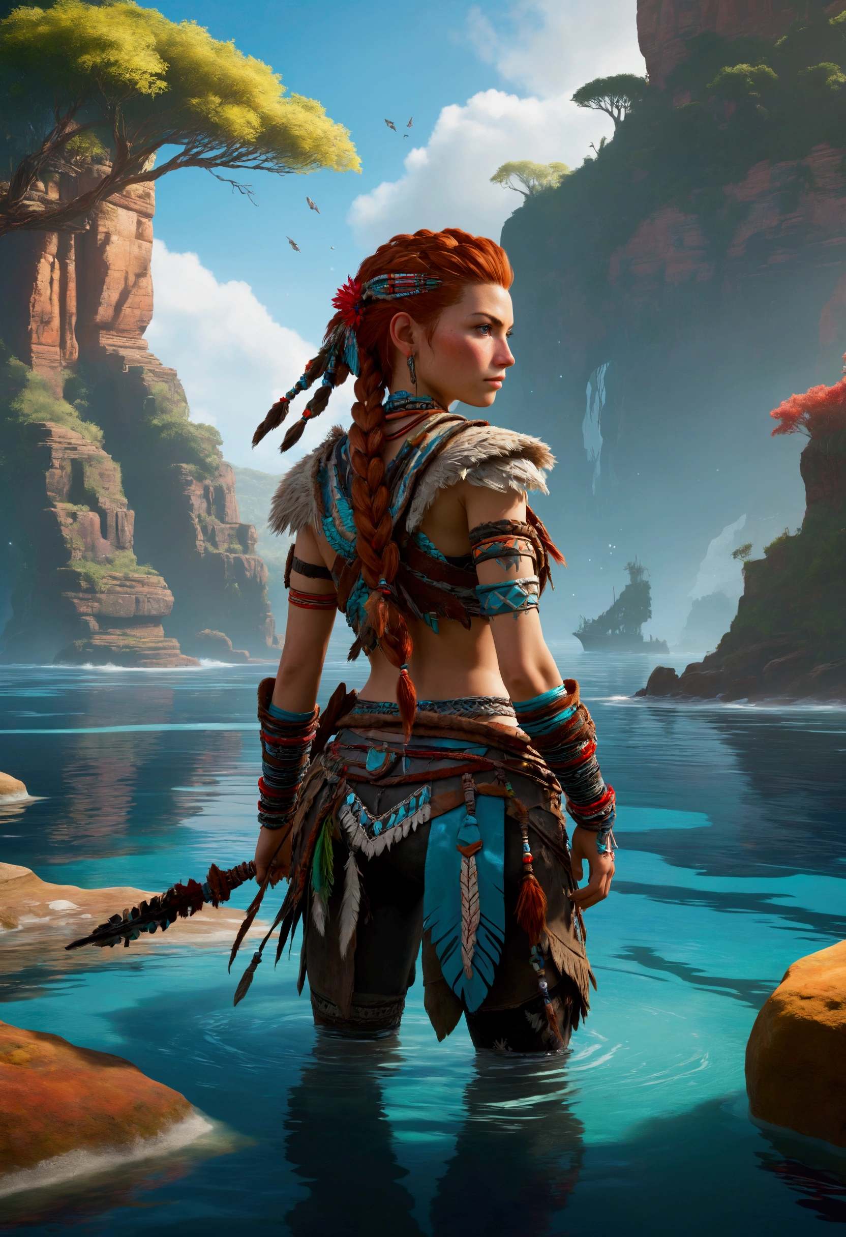 Aloy from Horizon Zero Dawn, standing waist-deep in a serene, crystal-clear water body, with her iconic braided red hair adorned with beads and tribal accessories. She wears her distinctive tribal armor, featuring intricate patterns and light metal plating, all in shades of teal and brown. Her confident expression reflects her strength and determination. The background showcases a stunning coastal landscape with rocky cliffs and ancient ruins bathed in soft sunlight. The overall atmosphere is peaceful and vibrant, with a slight breeze rustling through the trees, creating ripples on the water's surface.