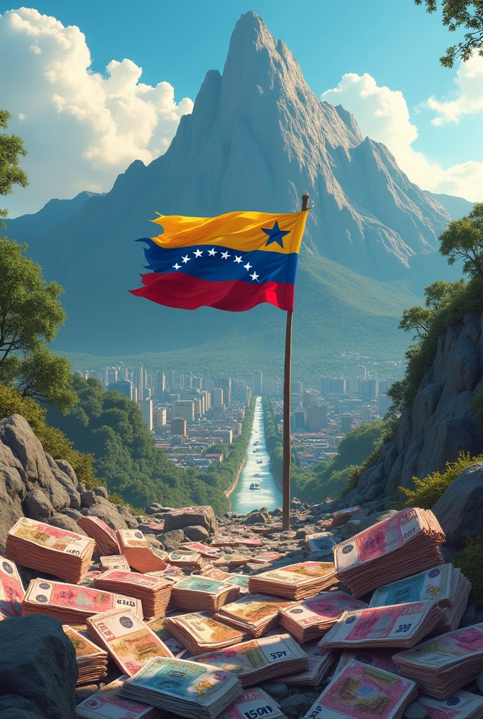 CREATE AN IMAGE ABOUT CREDIT IN VENEZUELA WITH THE COUNTRY'S FLAG AND BOLIVAR BILLS WITH THE AVILA MOUNTAIN OF CARACAS IN THE BACKGROUND IN HIGH DEFINITION AND REALISTIC WITHOUT IMPERFECTIONS