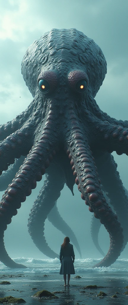 high resolution, best quality, giant monster, a huge octopus, bright eyes, with orange pincers.