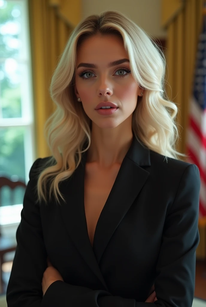 (RAW, analogue, Nikon Z 14mm ultra-wide angle lens, award-winning glamour photograph, ((best quality)), ((masterpiece)), ((realistic)), skin pores, subsurface scattering, radiant light rays, high-res, detailed facial features, high detail, sharp focus, smooth, aesthetic, extremely detailed, (extremely detailed eyes, extremely detailed iris), extremely detailed hair, extremely detailed skin, extremely detailed clothes, octane render, photorealistic, realistic, post-processing, max detail, realistic shadows, roughness, natural skin texture, real life, ultra-realistic, photorealism, photography, 8k UHD, photography, hdr, intricate, elegant, highly detailed, sharp focus, stunning, beautiful, gorgeous), (photorealistic), (realistic), racha311i3ghc00k in a suit, blonde hair, (black blazer1.2), standing in front of a desk, full body, indoors, oval office, white house, windows, upper body, morning, bright, photorealistic, realistic, detailed eyes, intricate face, high contrast, RAW candid cinema, 16mm, color graded portra 400 film, remarkable color, ultra realistic, textured skin, remarkable detailed pupils, realistic dull skin noise, visible skin detail, skin fuzz, dry skin, shot with cinematic camera, ((Cinematic Still-Shot))