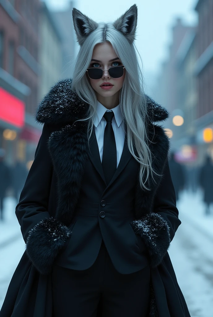 girl，Silver long hair, blue eyes, Wearing a black suit,Black Gloves, and black pants, Stand on the streets in winter，Leisurely expression, blue halo，Black British hat，Gray wolf ears，Black Tie，Wearing a black mink coat，Black sunglasses，Alone，Rich