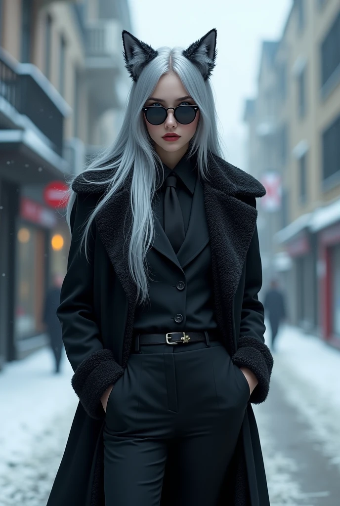 girl,Silver long hair, blue eyes, Wearing a black suit,Black Gloves, and black pants, Stand on the streets in winter,Leisurely expression, blue halo,Black British hat,Gray wolf ears,Black Tie,Wearing a black mink coat,Black sunglasses,Alone,Rich