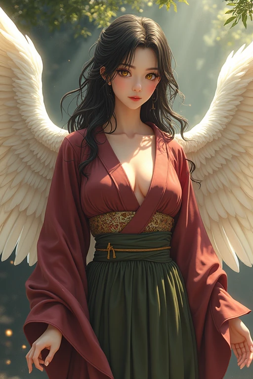 Anime Japanese woman in a kimono with yellow eyes, black hair, ivory wings that are translucent in the back, maroon clothing, olive green hakama, large breasts, long hair parted in the middle, smiling.