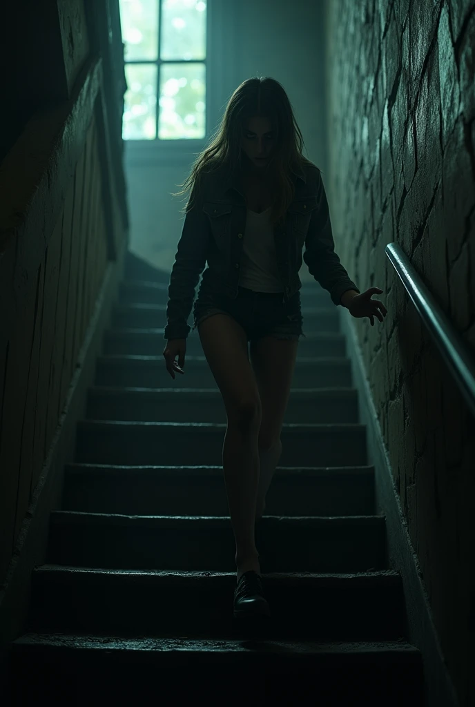 A women climbing upstairs of a dark house with fear in her face