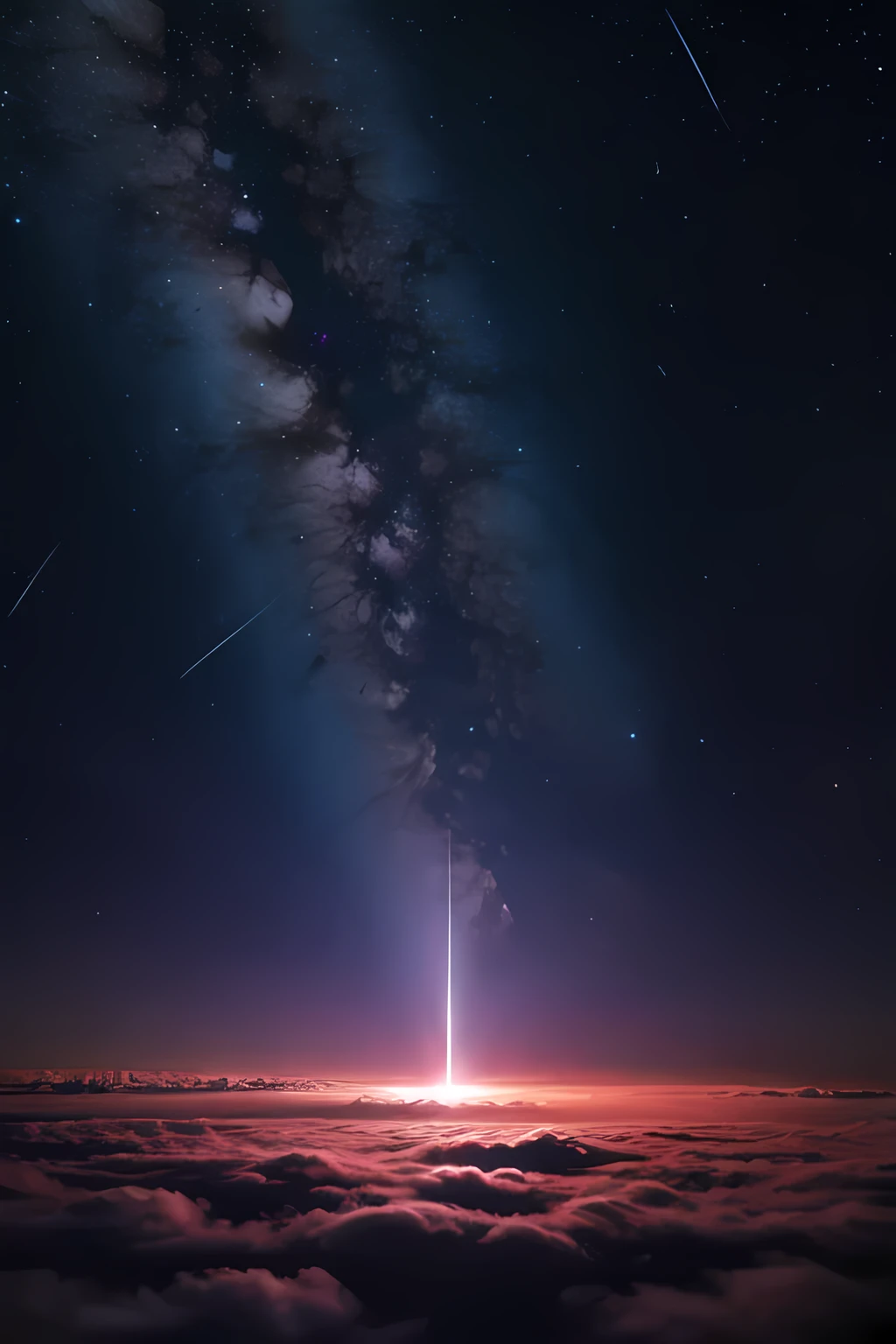 space, atmosphere, add stars, add clouds, distant look, anime style, one light source only, visible stars, colour red, pink, blue, purple