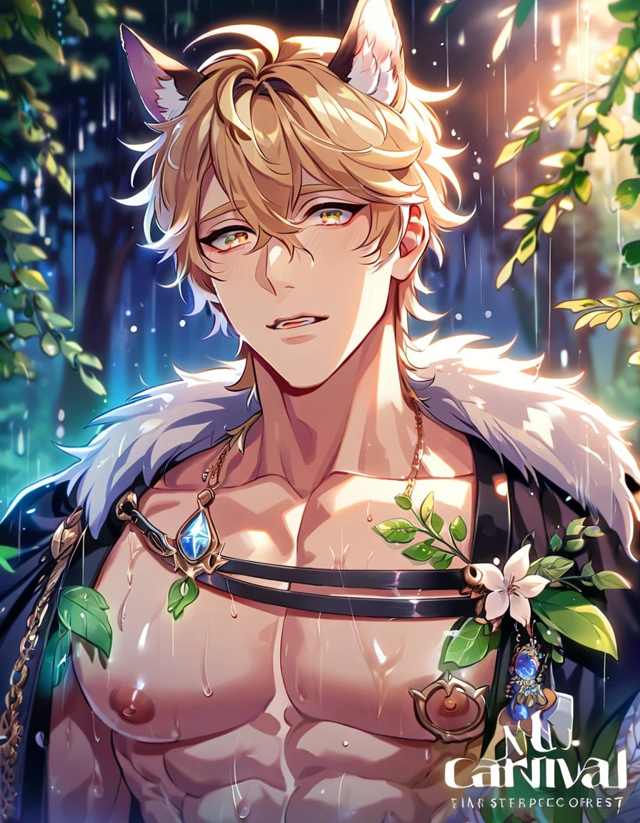 absurdres, highres, ultra detailed, HDR, master piece, best quality, extremely detailed, detailed eyes, Quincy, blonde hair, messy hair, wolf ears, wolf tail, expressive amber eyes, Nu Carnival, solo, sexy man, handsome, horny, lewd, fantasy, accessories, black cape with fur, bare chest, spring, flowers, green leaves, magical forest, dark fantasy, rain, night