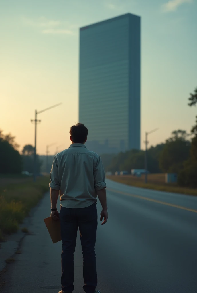 A man holding a document file in his hand is watching a big company from the side of the road, in a sad position, evening time