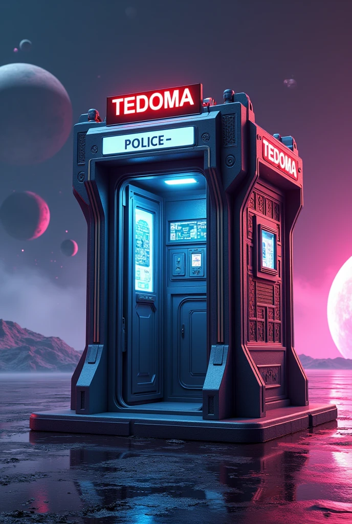 Há uma cabine telefônica no space com planetas ao fundo, rendered in keyshot, police station, futuristic cabins, cabine no estilo TRON LEGACY, represented as a 3D rendering, 3D rendering beep, space, police box, TEDOMA written at the top of the cabin, promotional rendering, sci-fi magic highly detailed