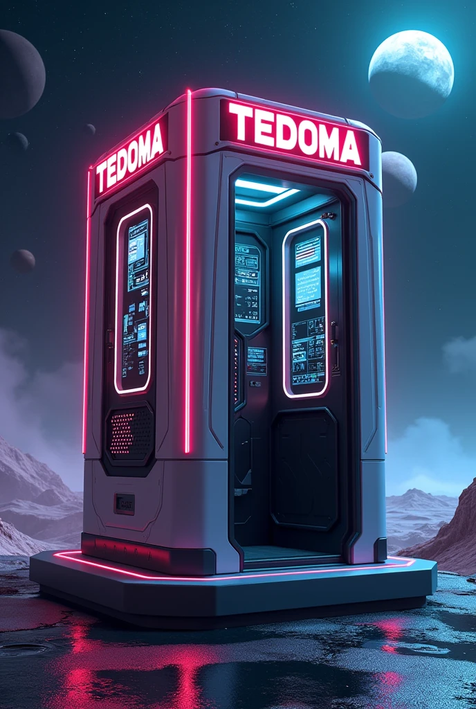 Há uma cabine telefônica no space com planetas ao fundo, rendered in keyshot, police station, futuristic cabins, cabine no estilo TRON LEGACY, represented as a 3D rendering, 3D rendering beep, space, police box, TEDOMA written at the top of the cabin, promotional rendering, sci-fi magic highly detailed