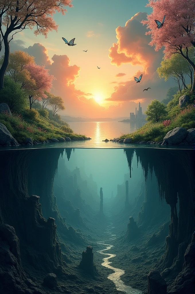 Make me a background where the top half is something beautiful and the bottom half is something horrifying.