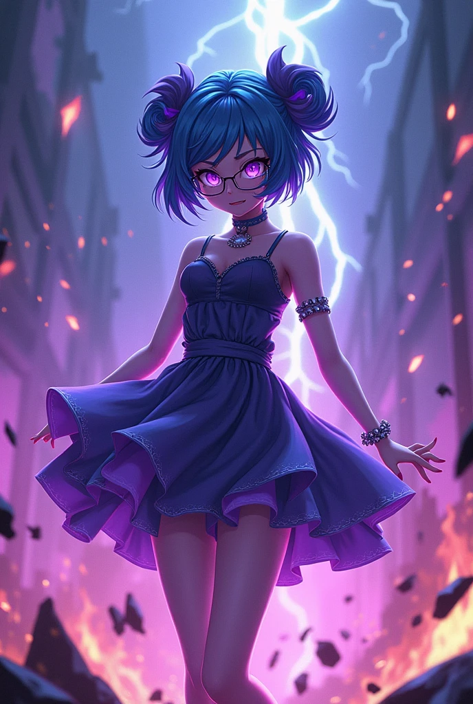 Very minimalistic, dynamic scene with a female character, bright purple eyes, glasses, blue hair, dress, chaos, everything in purple flames, demonic, light, glow, spiky hair, anime, darkness, fragments of fire, fire rain, thunderstorm, blue flame in the background, kind, shiny, aggressive, he is in a spectacular pose, 3D, dynamic pose, realistic flame, he is in a dark dungeon