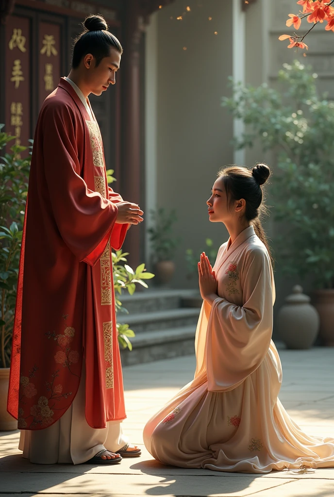 A Chinese woman wearing jin pants kneels before a man