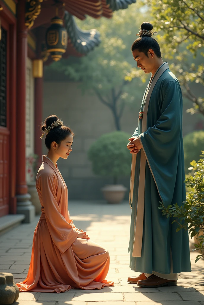 A Chinese woman wearing jin pants kneels before a man
