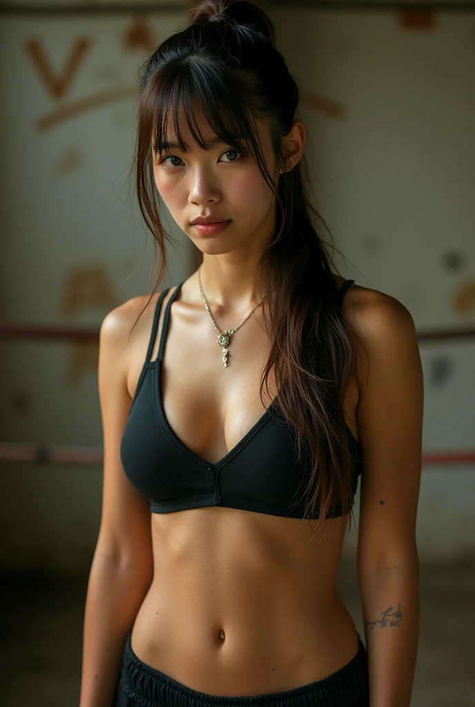 analog film photo, photo of a teenage street fighter, female, amber eyes, ponytail with shaggy bangs, tan complexion, Japanese ethnicity, beautiful face, natural beauty, sharp facial features, Amazonian stature, toned hourglass figure, muscular, busty bosom, full wide hips, plump round buttocks, wearing an athletic top and spandex shorts, posing in an underground fight club, sweaty skin, damp clothes, RAW Photograph, dslr, soft lighting, high quality, film grain, Fujifilm XT3, detailed skin with visible pores, insane details, masterpiece, 8k, 35mm photograph, dslr, kodachrome, faded film, desaturated, grainy, vintage, Lomography, stained, highly detailed, found footage, full-body shot