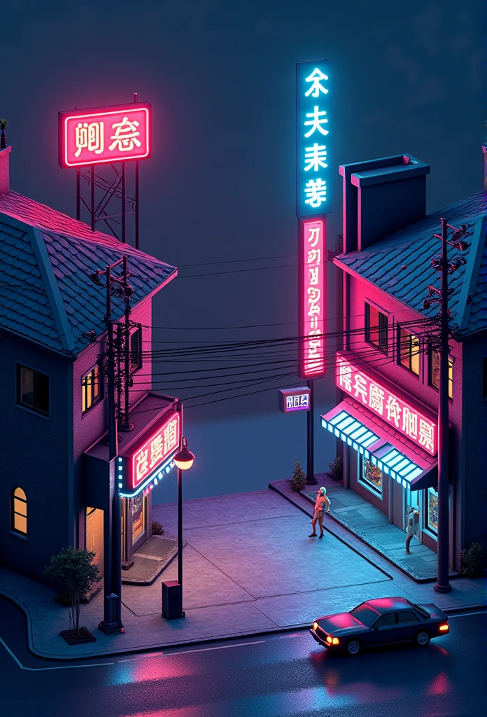 absurderes, best quality, fancy, isometric, estilo knolling de (citys, natta, darkly, neon sign), Street, lampposts, eyeshadows, darkness, (simple dark sky background)