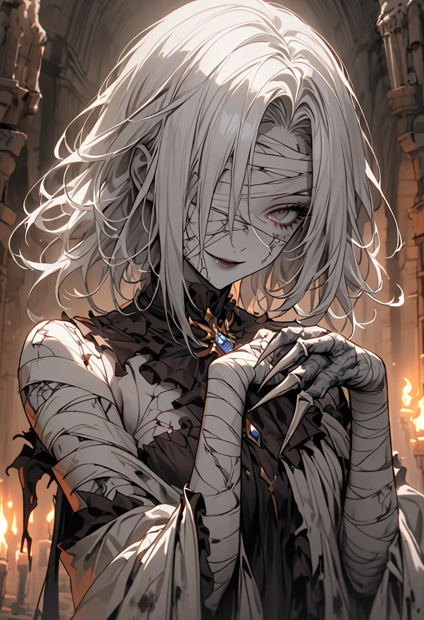 solo, female, grey skin, long white hair, silver hair brooch, dry body, bandages, blindfolded, decayed body, gentle smile, pinup pose, elegant rotten gown, dressed in royal rags, graceful, close up, crypt, dark, worn clothes, thin hair, torch, cracked skin, close up, bony hands, sharp bone claws