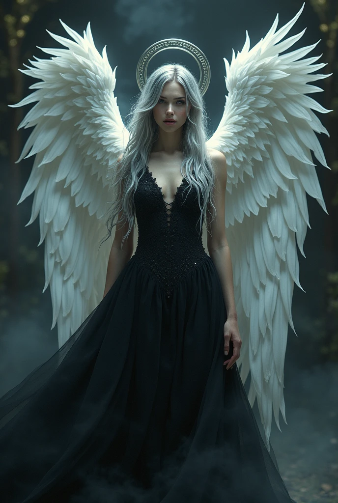an image of a woman with white and black hair and white and black wings, Angel Knight Gothic Girl, angel with black wings, the angel of death, 由杨J, of beautiful angel, the angel of death with a halo, angel of death, dark Angel, of an beautiful angel girl, white haired deity, beautiful angel, girl angel knight, angelic, Fantasyart