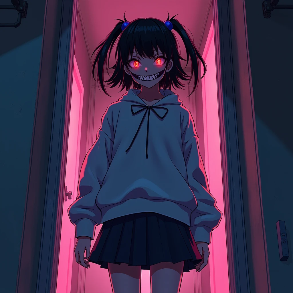 ,создай картинку full body shot, in neon colors, anime style, the girl should be in full growth, the girl should not be looking at the camera, the girl should have a crazy and evil smile, The girl should be full-length., The girl should stand with the door ajar.