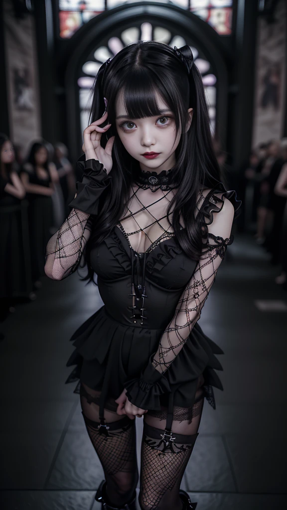 RAW Photos、8k、(Highest quality)、Realistic、(live-action、Intricate details)、(Natural skin texture、Detailed skin、Hyperrealism、Sharpness)、(Pale Skin:1.4、Large chest)、((((Black Thong、Black Gothic Fashion、Fishnet tights)))、Japanese teenage girls stand、((Straight Hair、Fluffy bangs))、(Parting lips:1.3、eye shadow、Tear bags:1.3、Red lips、Dark circles under the eyes)、Thighs、1、(((smile、Large Breasts、tight、黒いee-through、Frills、Semi-long hair、boots、Sticking out a long tongue))、LTRA Details、Fascinating beauty、Dainty woman、Cool Girl、Wavy Hair、Black chiffon dress、Wide sleeves、flered skirt、Black pantyhose、Evil Female Executive、Evil Fall、brainwash、lacy fabric、Glossy legs、black lipstick、Evil look、Suspicious look、Hollow eyes、wicked、Reaching out、Arms up、In the Church、Palm forward、Purple Lipstick、Pendants