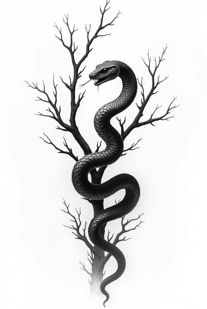 Tattoo template of a snake winding around branches which come from above and hisses where you can see fangs but not so aggressive the whole thing in black and white but in light and not so dark