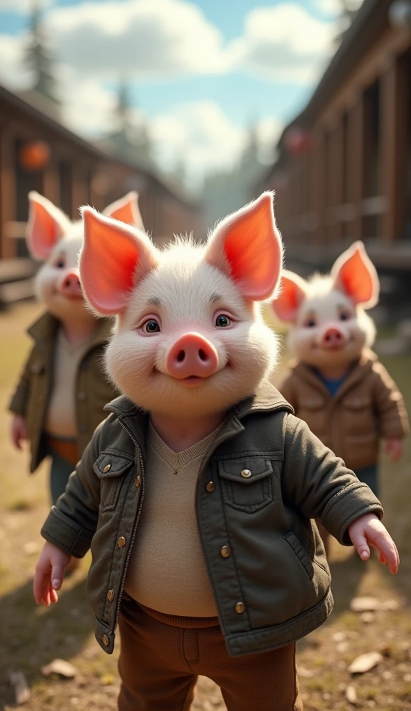 "A piglet, dressed in adult clothing, is taking a selfie, appearing in the foreground as if holding the phone. The generated image should be the actual selfie he is capturing, with two other piglets in adult attire standing in the background, smiling and posing. All three piglets have a realistic yet caricatured look, like people transformed into pigs, with intelligent expressions. The scene takes place in an outdoor setting with rustic cabins visible in the background. The phone itself is not shown in the image, but the selfie perspective is captured as if taken by the piglet in the front."