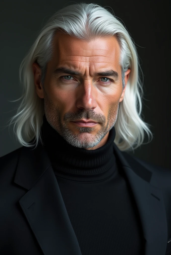 ((best quality, masterpiece, 8K, photorealistic, cinematic lighting, HDR image, ultra-detailed, beautiful image), 1 man, 31 years old, mature man, tall, statuesque, masculine, very handsome, (expressions, serious), long straight platinum hair, gray-blue eyes (penetrating gaze), perfect face without flaws, slanted eyes, nose with a slight hump, high cheekbones, imposing posture, no mistakes, businessman, branded clothing, luxury. Influential, attractive, knows his worth, has success with women. аниме стиль