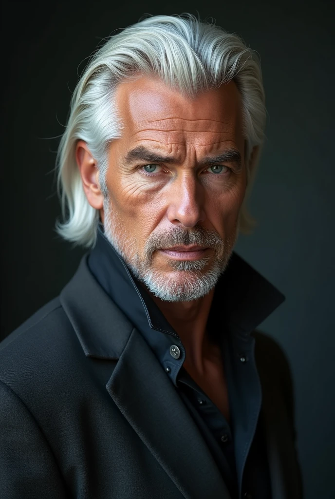 ((best quality, masterpiece, 8K, photorealistic, cinematic lighting, HDR image, ultra-detailed, beautiful image), 1 man, 31 years old, mature man, tall, statuesque, masculine, very handsome, (expressions, serious), long straight platinum hair, gray-blue eyes (penetrating gaze), perfect face without flaws, slanted eyes, nose with a slight hump, high cheekbones, imposing posture, no mistakes, businessman, branded clothing, luxury. Influential, attractive, knows his worth, has success with women. аниме стиль