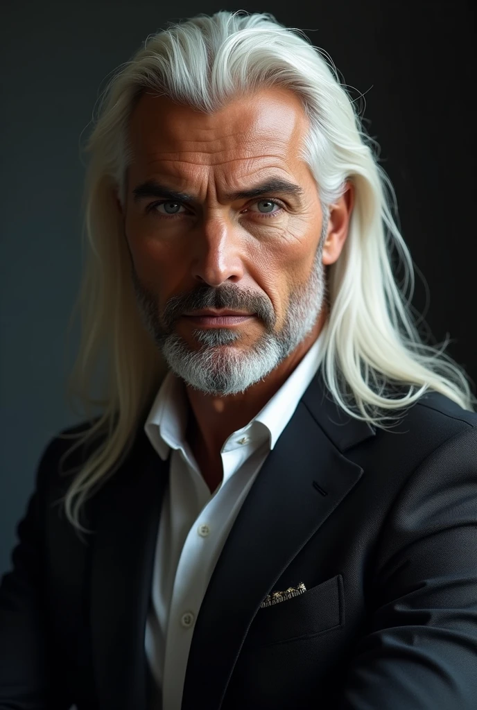 ((best quality, masterpiece, 8K, photorealistic, cinematic lighting, HDR image, ultra-detailed, beautiful image), 1 man, 31 years old, mature man, tall, statuesque, masculine, very handsome, (expressions, serious), long straight platinum hair, gray-blue eyes (penetrating gaze), perfect face without flaws, slanted eyes, nose with a slight hump, high cheekbones, imposing posture, no mistakes, businessman, branded clothing, luxury. Influential, attractive, knows his worth, has success with women. аниме стиль