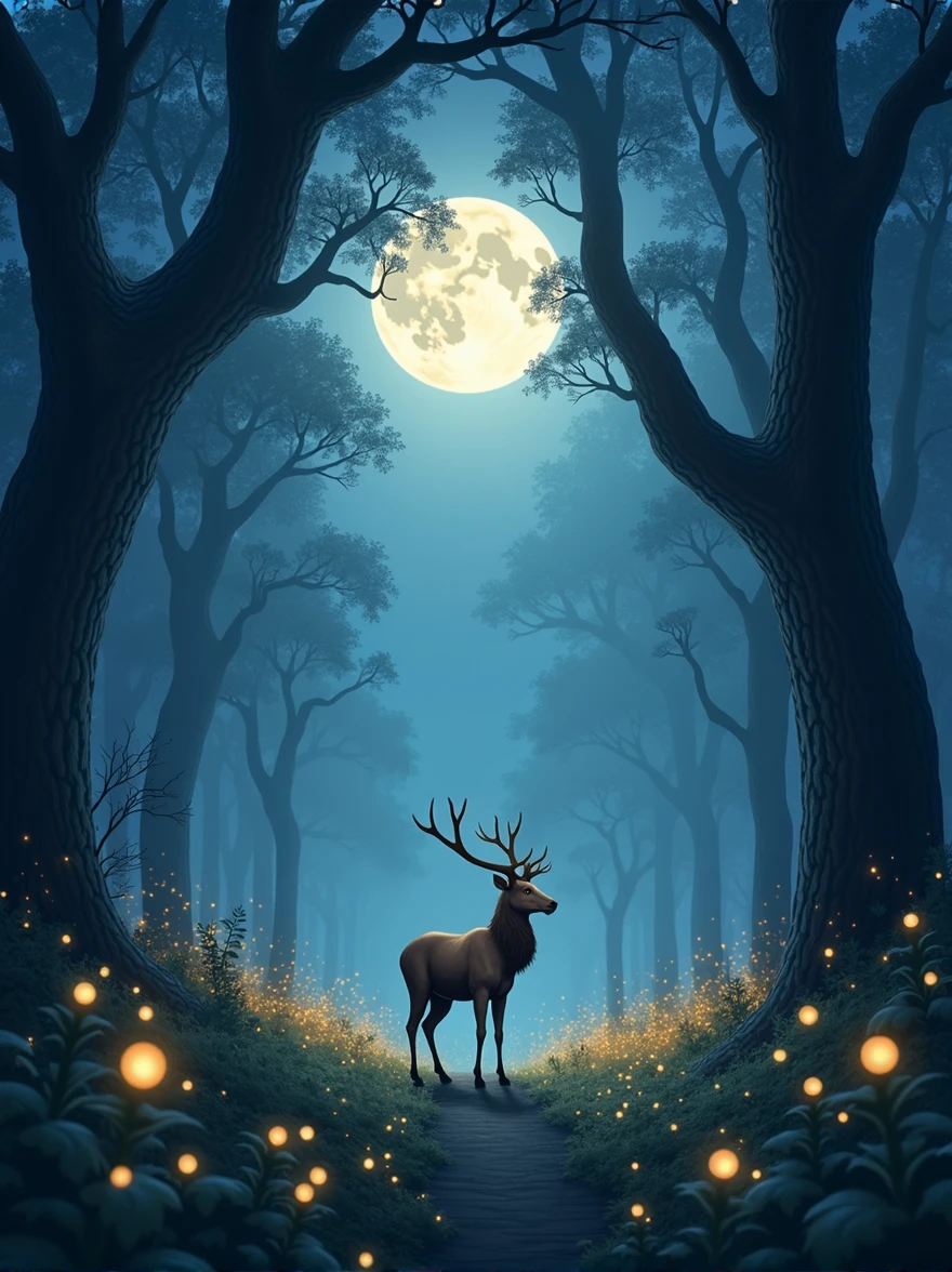 An enchanted forest at dusk, with tall trees and glowing lights from fireflies lighting the way. In the distance, a majestic deer calmly watches, surrounded by an aura of tranquility. The sky is full of stars, and a full moon illuminates the scene, creating an atmosphere of peace and hope amid nature."