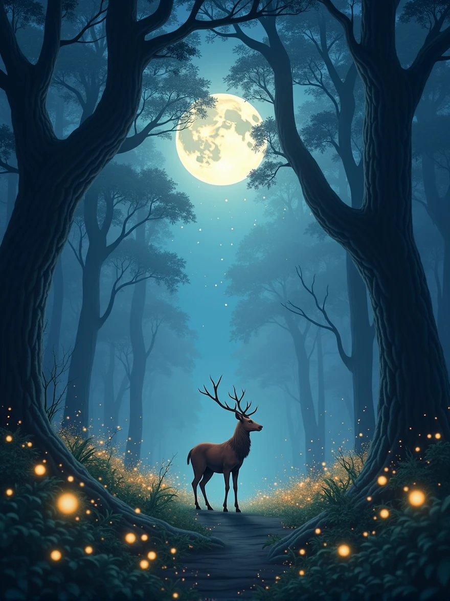 An enchanted forest at dusk, with tall trees and glowing lights from fireflies lighting the way. In the distance, a majestic deer calmly watches, surrounded by an aura of tranquility. The sky is full of stars, and a full moon illuminates the scene, creating an atmosphere of peace and hope amid nature."
