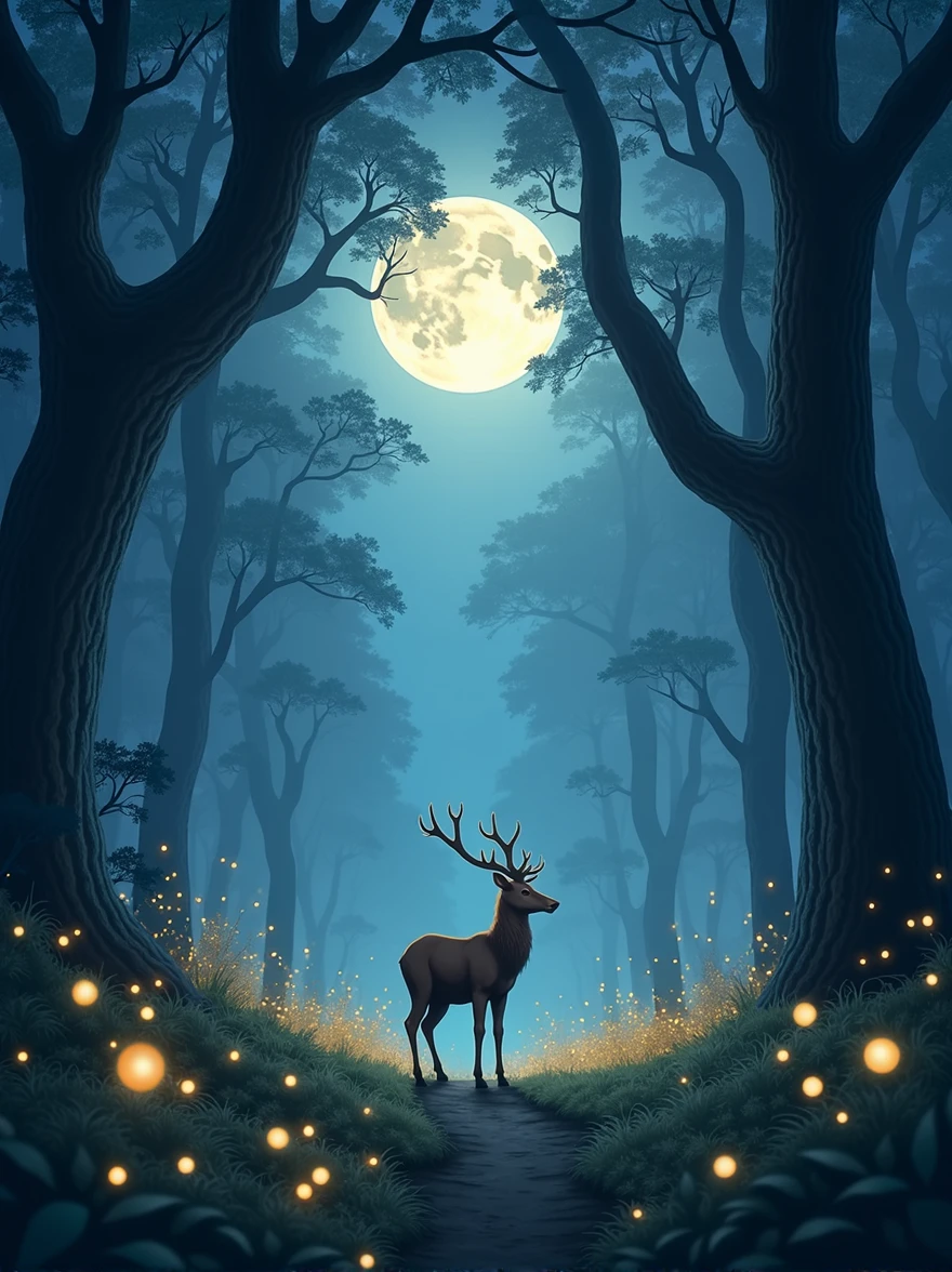 An enchanted forest at dusk, with tall trees and glowing lights from fireflies lighting the way. In the distance, a majestic deer calmly watches, surrounded by an aura of tranquility. The sky is full of stars, and a full moon illuminates the scene, creating an atmosphere of peace and hope amid nature."