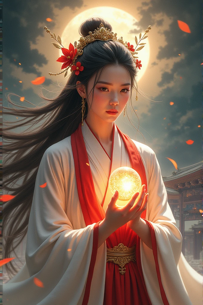 (masterpiece, best quality:1.2),,Nuwa holds the sacred stone,Fix the big hole in the sky。Her body is painted red,Symbolizes her courage and strength。Her hair and clothes are white,Symbolizing her purity and holiness。around her,is a dark sky,Symbolizes disaster and danger。Nuwa’s sacred stone shines brightly,Illuminates the whole picture,Symbolizes hope and redemption。 Close-up of woman wearing floral headdress, palace , girl wearing hanfu, beautiful fantasy queen, ancient chinese princess, ((beautiful fantasy queen)), chinese princess, queen of china, beautiful figure painting, Gurwitz style artwork, A beautiful artistic illustration, guweiz, Beautiful digital art work, Beautiful digital illustration