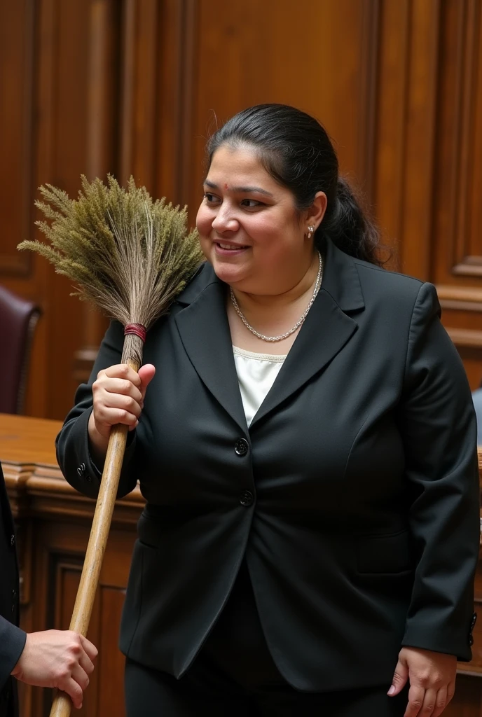 hitting a fat woman in formal clothing with a broom, removing her from the Guatemalan Congress