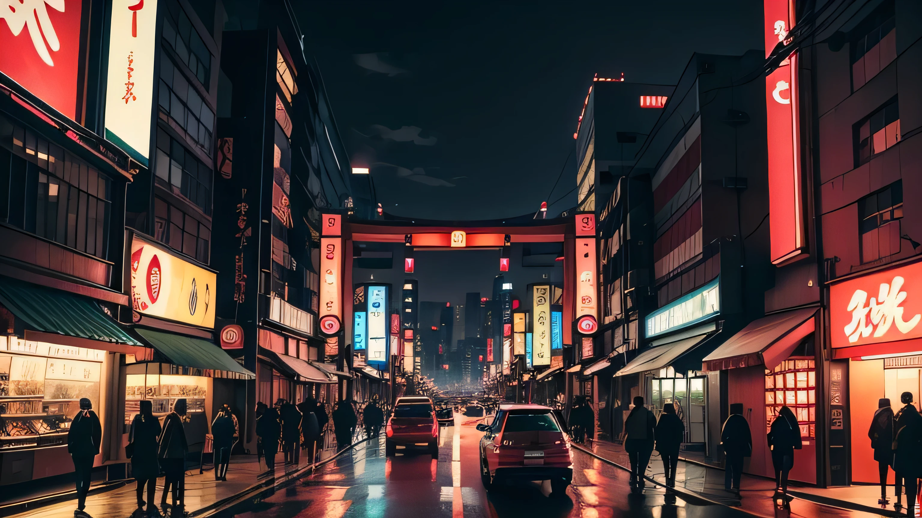 Anime-style background of Tokyo cityscape at night, The scene captures the vibrant energy of Tokyo with its towering skyscrapers adorned with neon signs and billboards, Streets are bustling with people and cars, reflecting the city's lively atmosphere, Traditional Japanese elements like a torii gate or cherry blossoms in the foreground add a touch of cultural authenticity, The sky is dark with tered clouds, and the city's lights create a beautiful contrast, illuminating the scene, The overall mood should be dynamic and slightly futuristic, with a blend of modern urban life and traditional Japanese charm