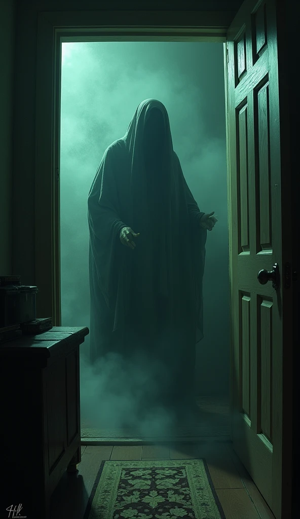 The Bell Witch’s ghostly presence in a room, moving objects and causing eerie disturbances, with a sense of dread in the air.