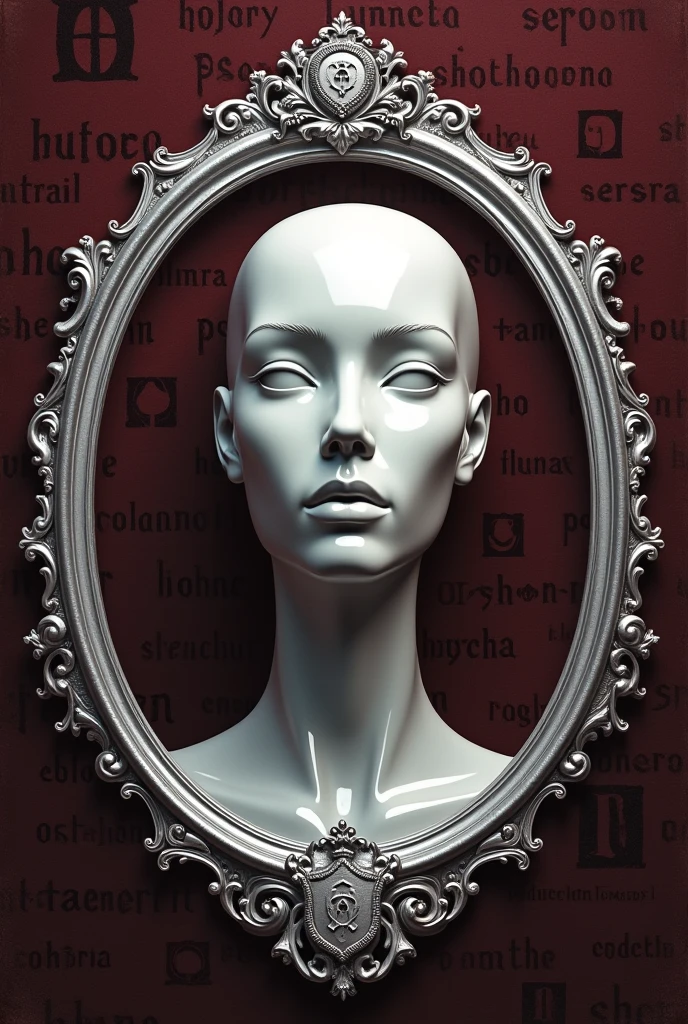 make a black t-shirt print with a rounded mirror in the rococo style in silver with the inside reflecting the face of a mannequin so that it almost fills the entire mirror and looking straight ahead . Behind this mirror the writing "psychology" filling the entire background with the letters in the Renaissance style in dark wine color. on the lower part and centered on the edge of the mirror should contain a coat of arms with the symbol: (Ψ) also in silver and wine
