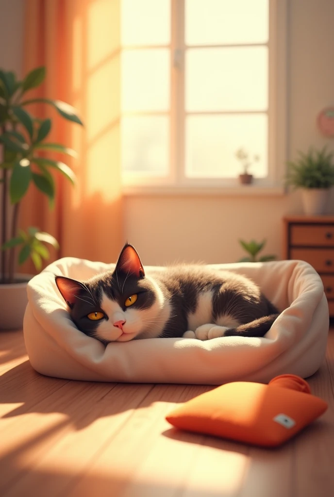 The cat is lying on a cozy little bed, with its wounds properly bandaged. Its expression is much calmer than before, with a small toy and a warm water bottle beside it. The background is a warm room, with sunlight streaming in through the window and casting light on the floor.